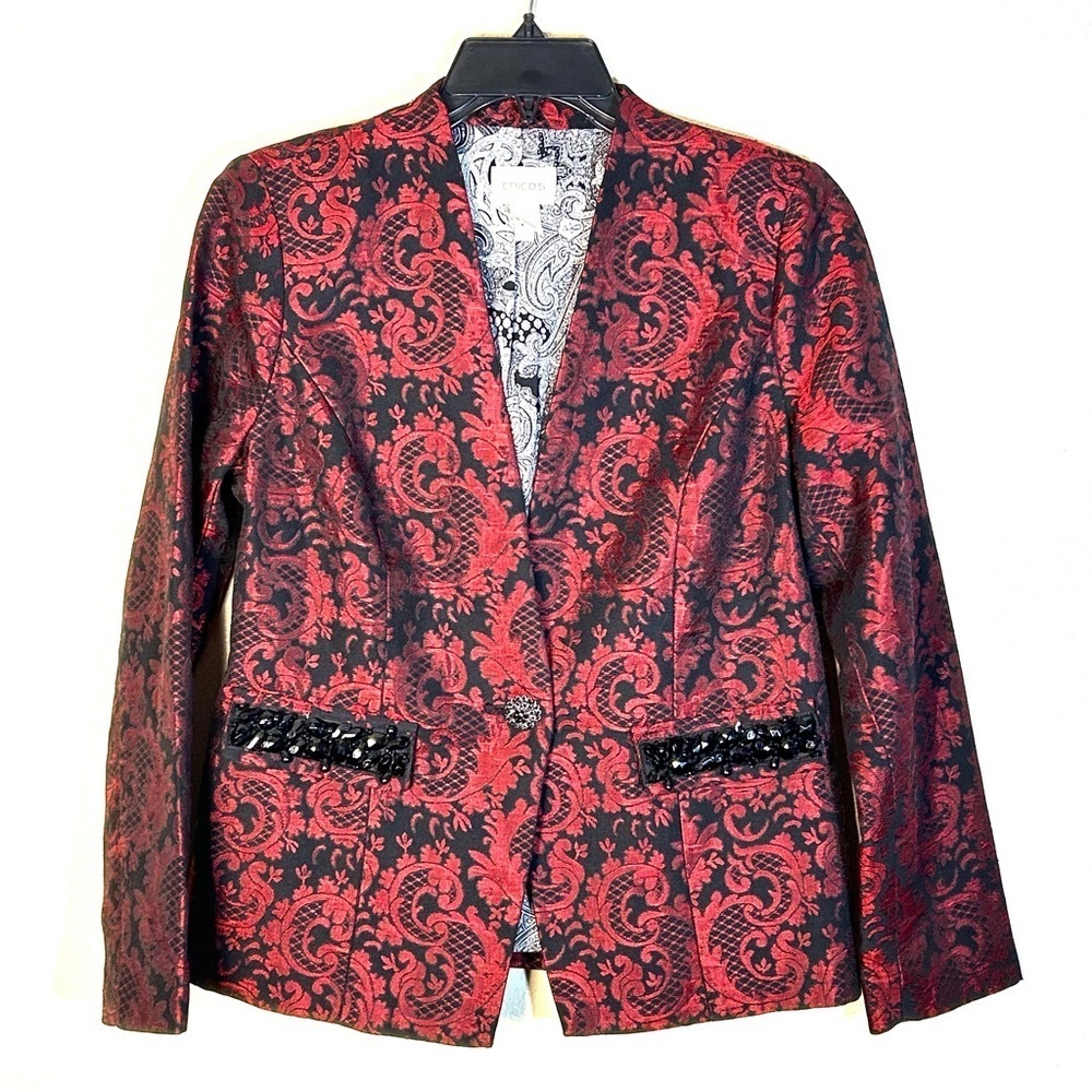 Chicos Blazer Jacket Size 0 US S Red Black Damask Jewel Embellish Dark Romantic